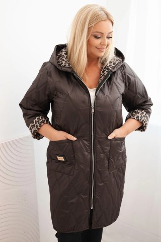 Kurtka damska pikowana Plus Size z podszewką w panterkę i kapturem brązowa