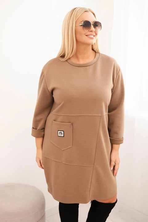 Sukienka damska Plus Size masełko z kieszenią i rękawem 3/4 camelowa