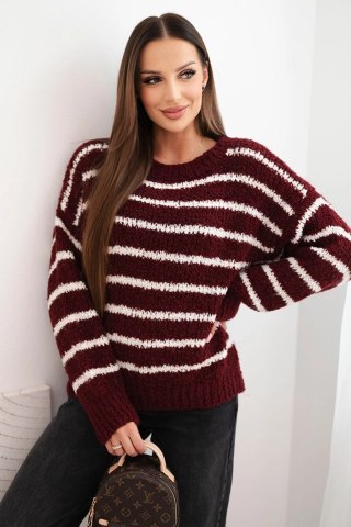Sweter damski w paski z wełną o luźnym kroju bordowy