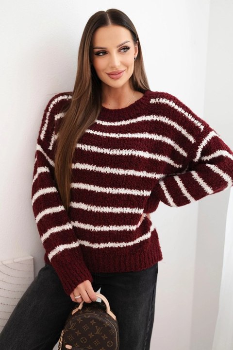 Sweter damski w paski z wełną o luźnym kroju bordowy