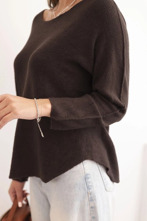 Sweterek damski z wiskozy z długim rękawem i okrągłym dekoltem brązowy