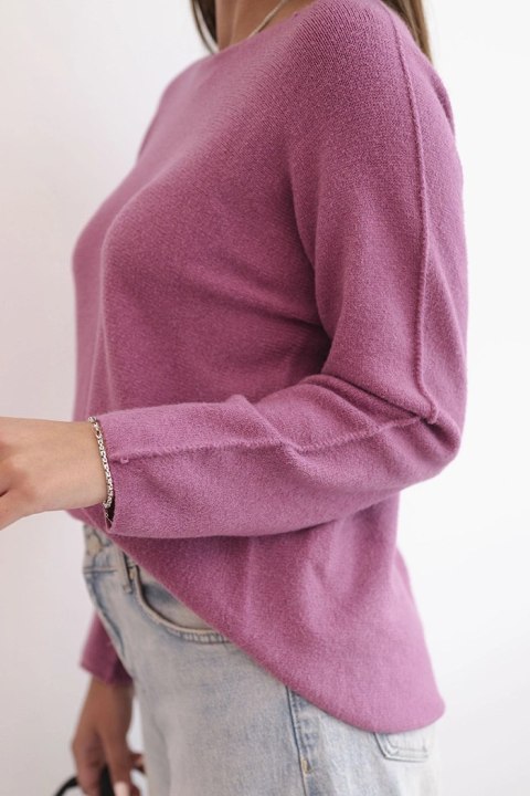 Sweterek damski z wiskozy z długim rękawem i okrągłym dekoltem ciemno różowy