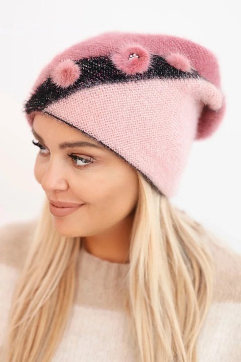 Czapka damska elegancka z futrzanymi ozdobami i brokatowym paskiem ciemno różowa