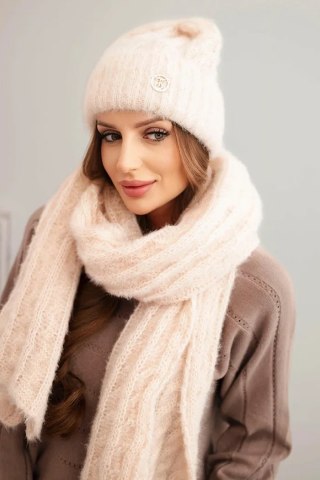 Komplet damski czapka i szalik prążkowany z ozdobą jasny pudrowy róż