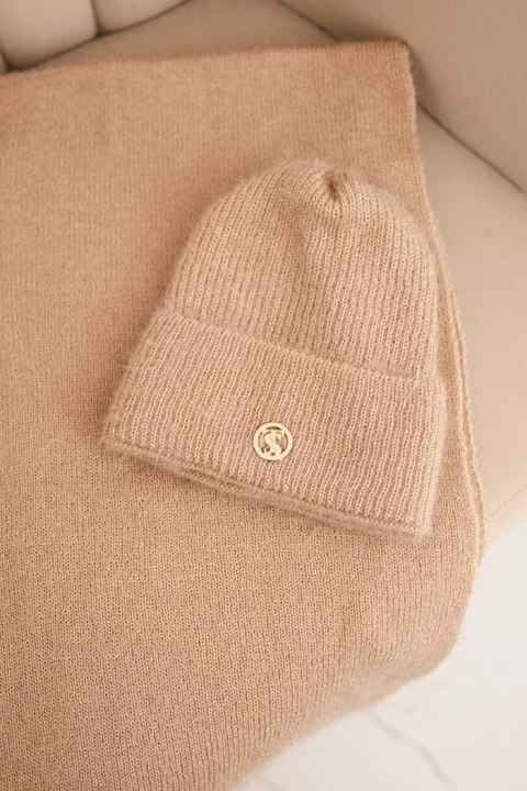 Komplet damski z czapką i kominem z miękkiej dzianiny beżowy