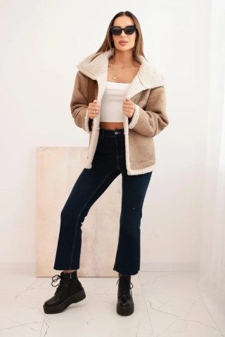 Kurtka damska Plus Size ocieplana z barankiem i guzikami krótki fason camelowa