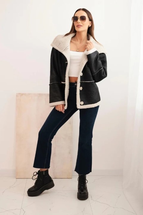 Kurtka damska Plus Size ocieplana z barankiem i guzikami krótki fason czarna