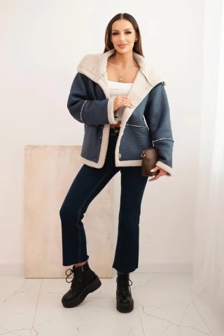 Kurtka damska Plus Size ocieplana z barankiem i guzikami krótki fason jeansowa