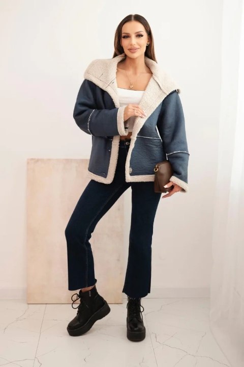 Kurtka damska Plus Size ocieplana z barankiem i guzikami krótki fason jeansowa