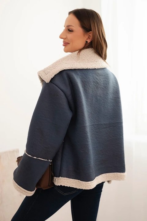 Kurtka damska Plus Size ocieplana z barankiem i guzikami krótki fason jeansowa