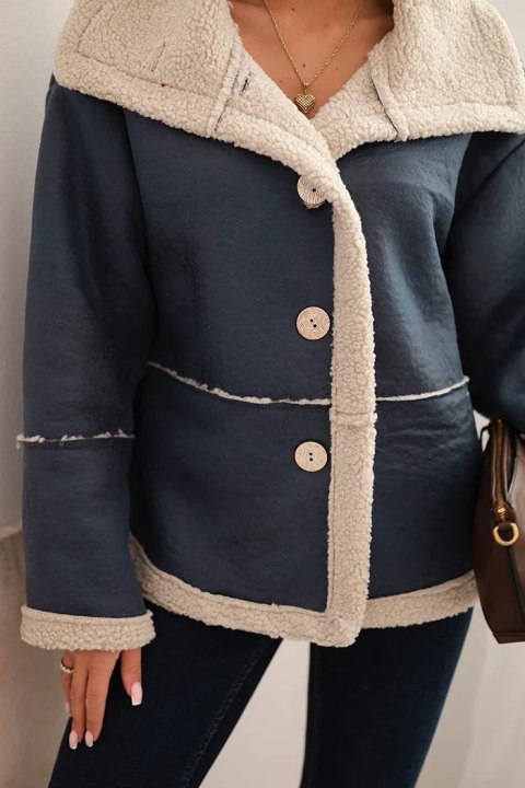 Kurtka damska Plus Size ocieplana z barankiem i guzikami krótki fason jeansowa