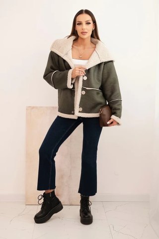 Kurtka damska Plus Size ocieplana z barankiem i guzikami krótki fason khaki