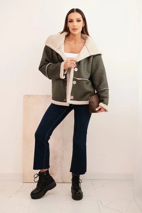 Kurtka damska Plus Size ocieplana z barankiem i guzikami krótki fason khaki