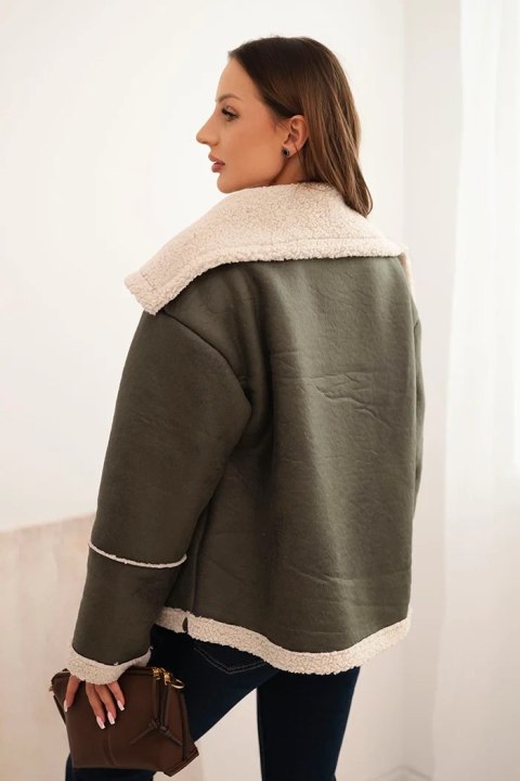 Kurtka damska Plus Size ocieplana z barankiem i guzikami krótki fason khaki