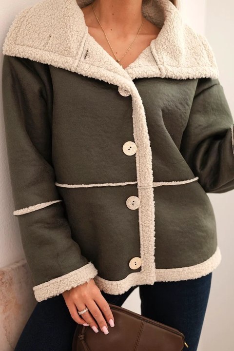 Kurtka damska Plus Size ocieplana z barankiem i guzikami krótki fason khaki