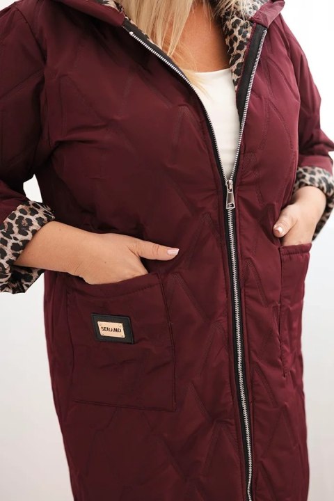 Kurtka damska pikowana Plus Size z podszewką w panterkę i kapturem bordowa