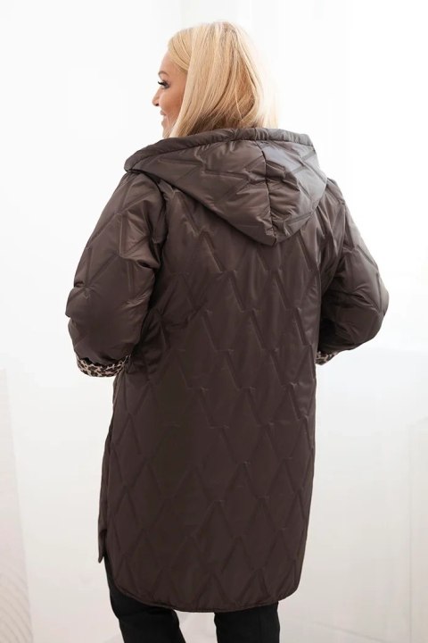 Kurtka damska pikowana Plus Size z podszewką w panterkę i kapturem brązowa