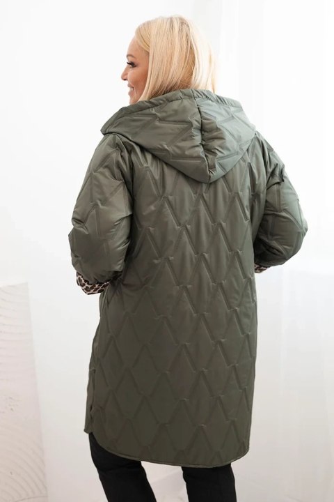Kurtka damska pikowana Plus Size z podszewką w panterkę i kapturem khaki