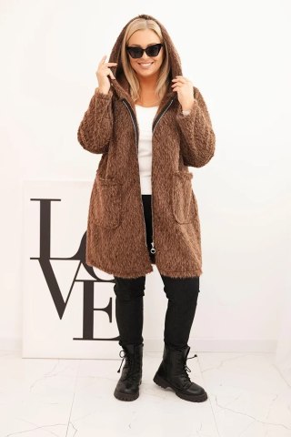 Płaszcz damski Plus Size z wiskozy zapinany na suwak z kapturem brązowy