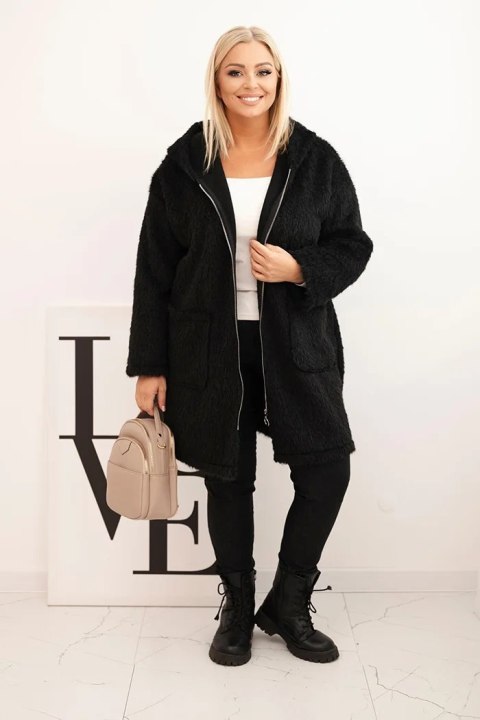 Płaszcz damski Plus Size z wiskozy zapinany na suwak z kapturem czarny