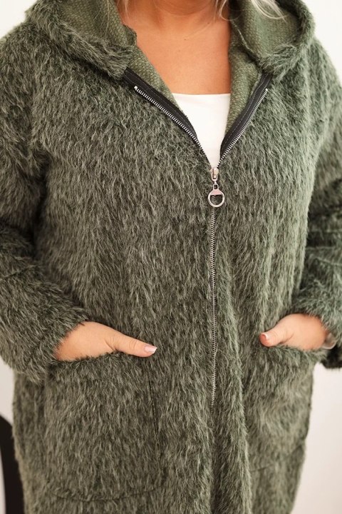 Płaszcz damski Plus Size z wiskozy zapinany na suwak z kapturem khaki