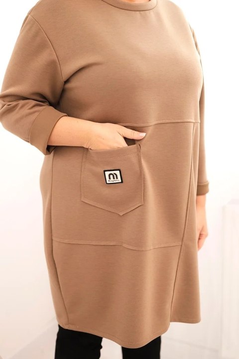 Sukienka damska Plus Size masełko z kieszenią i rękawem 3/4 camelowa