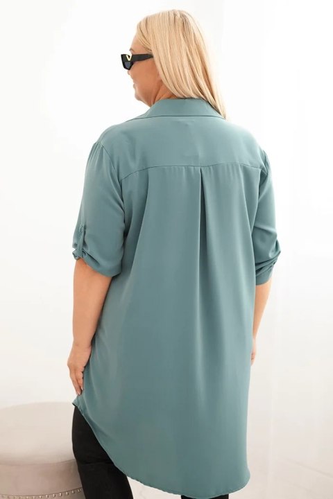 Sukienka damska koszulowa Plus Size z dłuższym tyłem i podwijanym rękawem ciemno miętowa