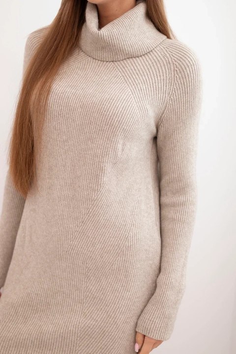 Sukienka damska z wiskozą dzianinowa z szerokim kołnierzem beżowa