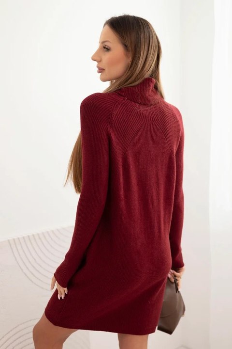 Sukienka damska z wiskozą dzianinowa z szerokim kołnierzem bordowa