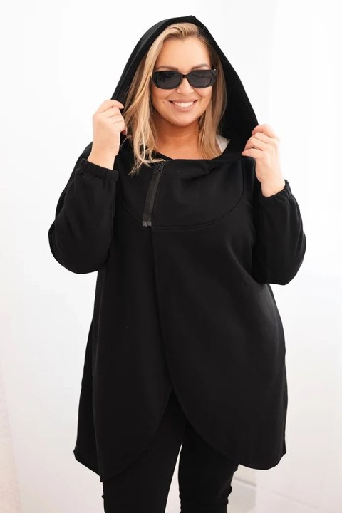 Bluza damska Plus Size ocieplana z kapturem i asymetrycznym zamkiem czarna