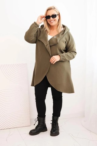 Bluza damska Plus Size ocieplana z kapturem i asymetrycznym zamkiem khaki
