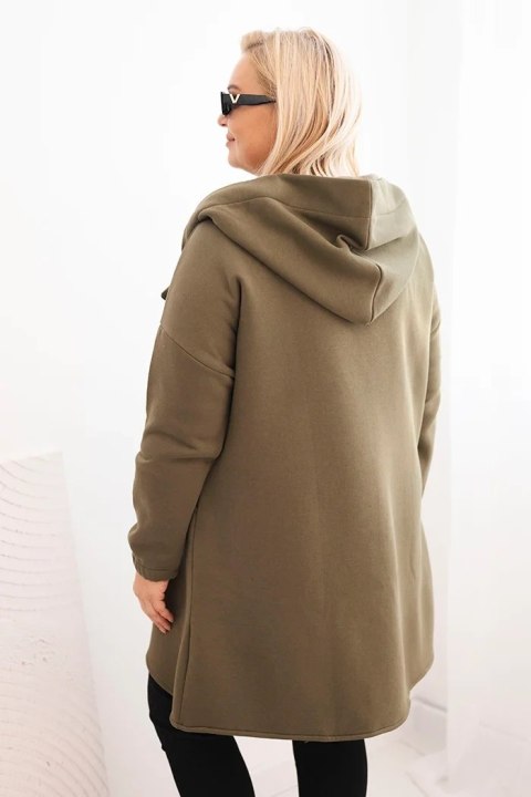 Bluza damska Plus Size ocieplana z kapturem i asymetrycznym zamkiem khaki