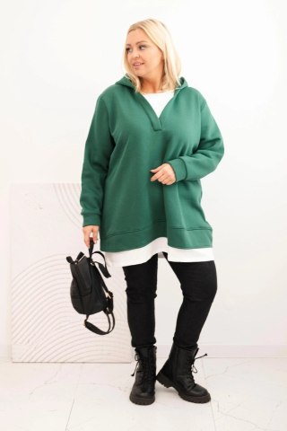 Bluza damska ocieplana Plus Size z kapturem i dekoltem w serek ciemno zielona