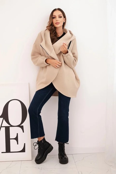 Bluza damska ocieplana z kapturem i asymetrycznym zamkiem beżowa