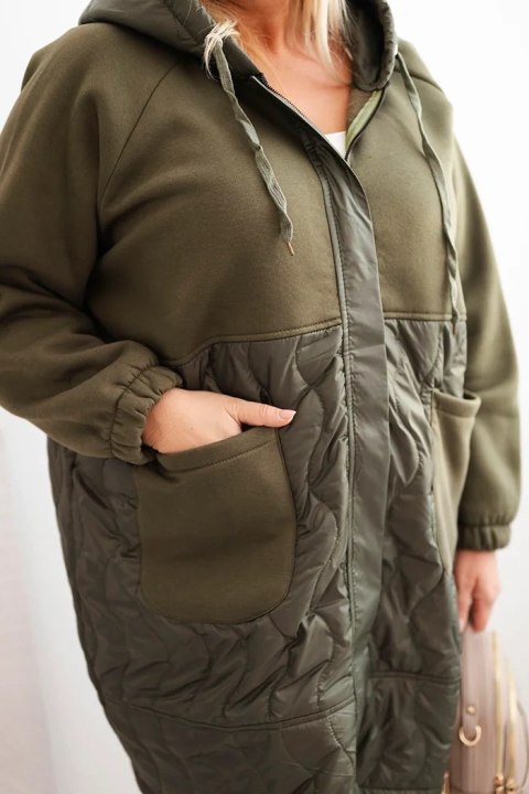 Bluza damska pikowana Plus Size z kapturem i dużymi kieszeniami khaki
