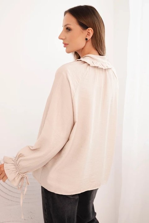 Bluzka damska z wiskozy z dekoltem V i wiązaniem przy rękawach beżowa