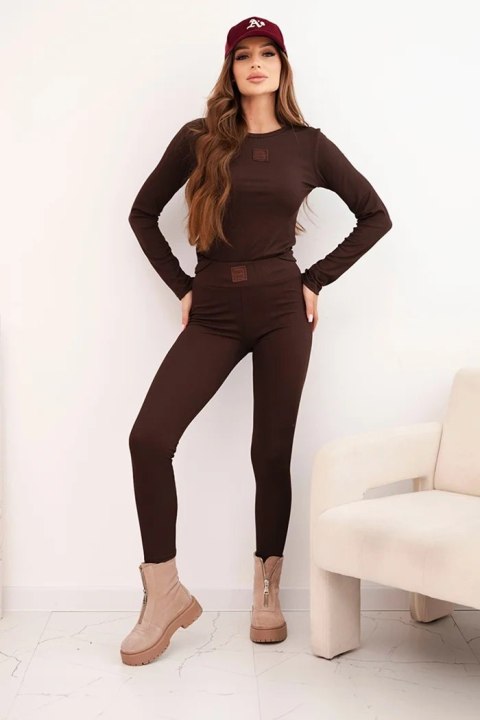 Komplet damski bawełniany z długim rękawem i legginsami brązowy