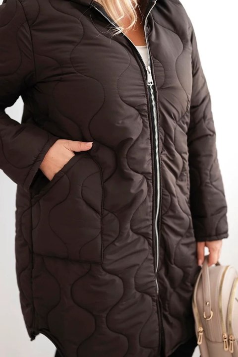 Kurtka damska Plus Size zimowa pikowana z kapturem brązowa