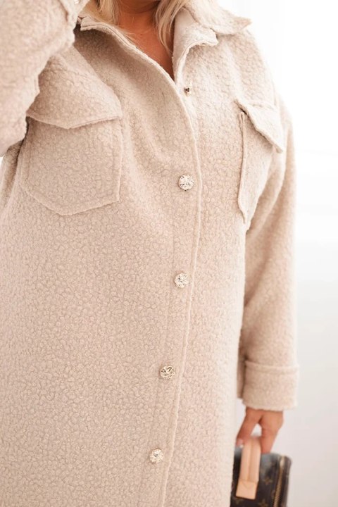 Płaszcz damski Plus Size z wełną zapinany na guziki z kieszeniami i kołnierzem beżowy