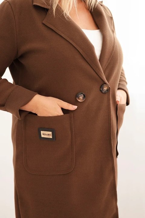 Płaszcz damski elegancki Plus Size z kołnierzem i dużymi kieszeniami czekoladowy