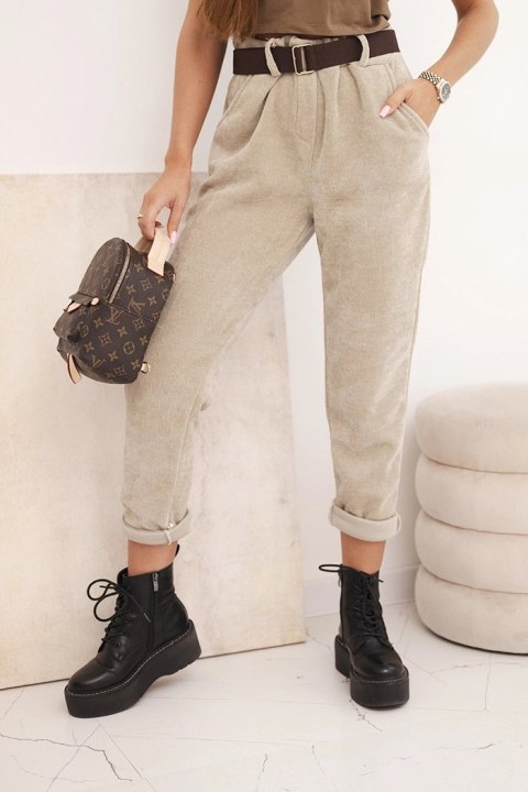 Spodnie damskie z paskiem sztruksowe ciemno beżowe