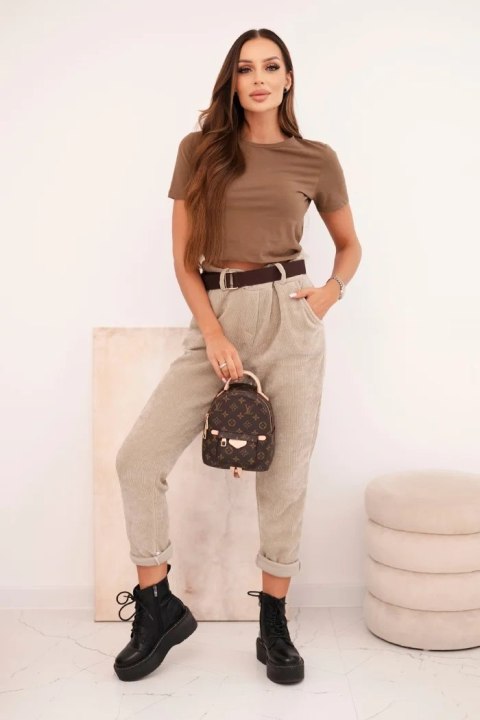 Spodnie damskie z paskiem sztruksowe ciemno beżowe