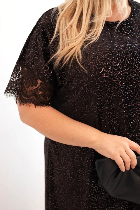 Sukienka damska Plus Size z cekinami i koronkowym wykończeniem brązowa
