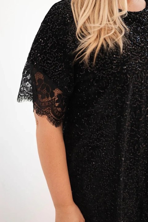 Sukienka damska Plus Size z cekinami i koronkowym wykończeniem czarna
