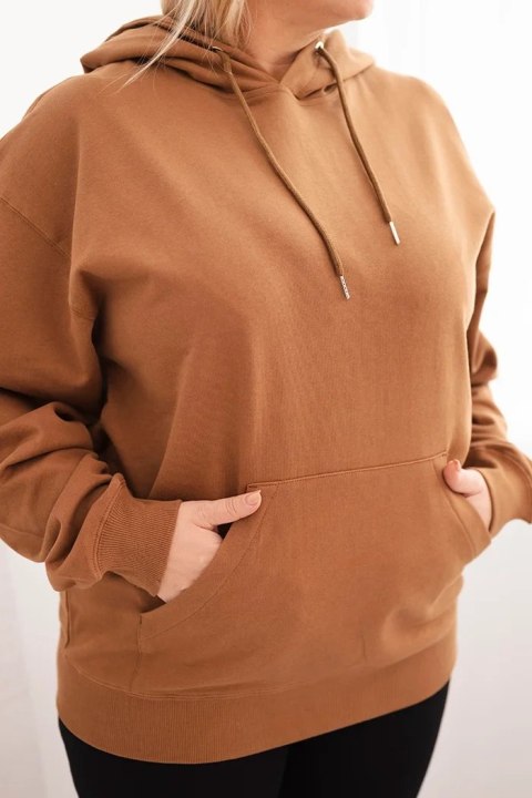 Bluza damska pętelkowa Plus Size bawełniana z kapturem i kieszenią kangurką camelowa