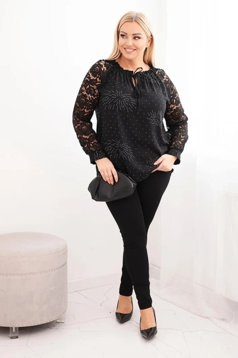 Bluzka damska Plus Size z koronkowym rękawem i ozdobnym dekoltem czarna