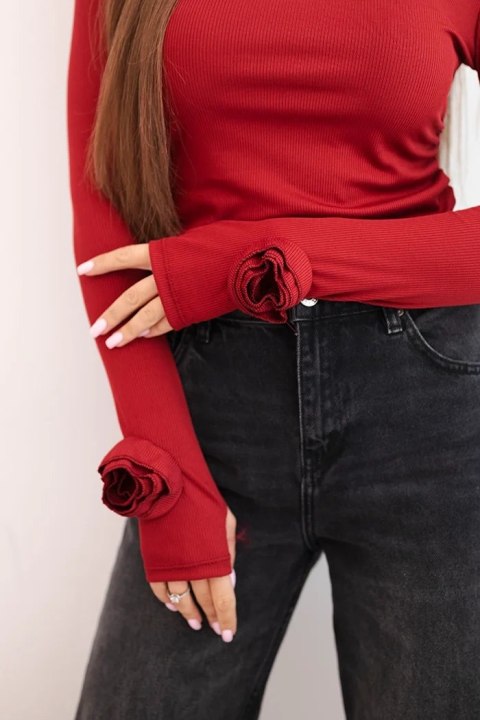 Bluzka damska prążkowana z marszczeniem z boku bordowa