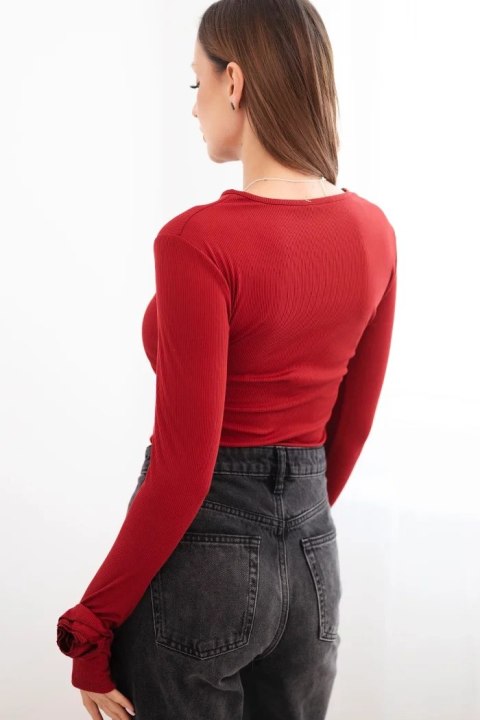 Bluzka damska prążkowana z marszczeniem z boku bordowa