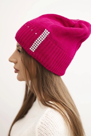 Czapka damska zimowa wełniana z cyrkoniami K453 fuksja