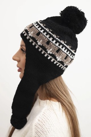 Czapka damska zimowa wełniana z nausznikami i pomponami K436 czarna + mocca